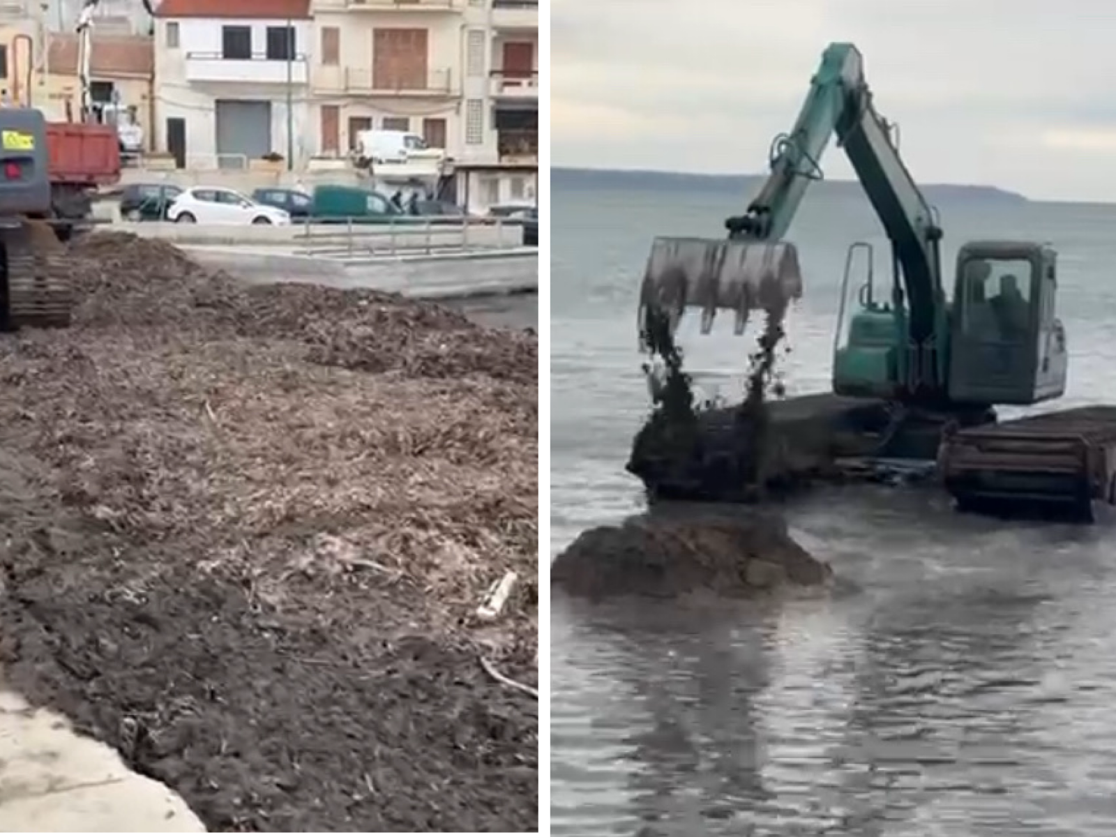Immagine articolo: (VIDEO) L'escavatore anfibio in azione per la rimozione della posidonia. Alghe accatastate al momento lungo la banchina