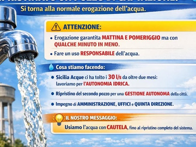 Immagine articolo: Castelvetrano, erogazione idrica torna alla normalità. Amministrazione invita a cautela senza sprechi Immagine articolo: Castelvetrano, erogazione idrica torna alla normalità. Amministrazione invita a cautela senza sprechi