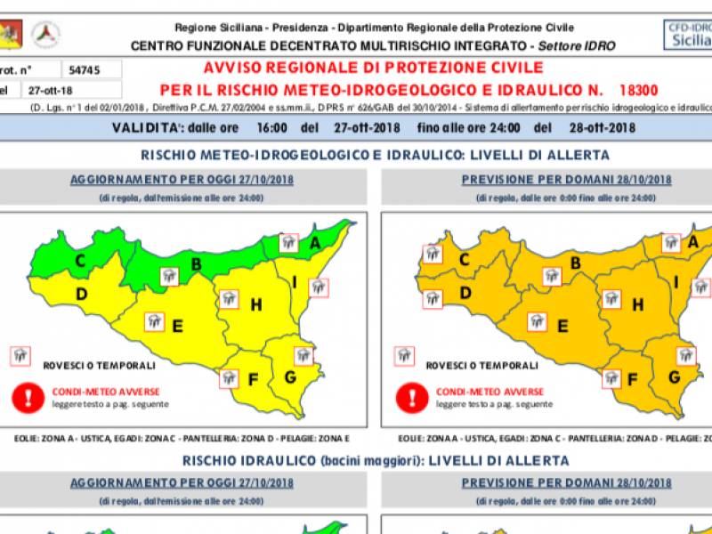 Immagine articolo: Diffusa allerta meteo per domani in Sicilia. Avviso della Protezione Civile 