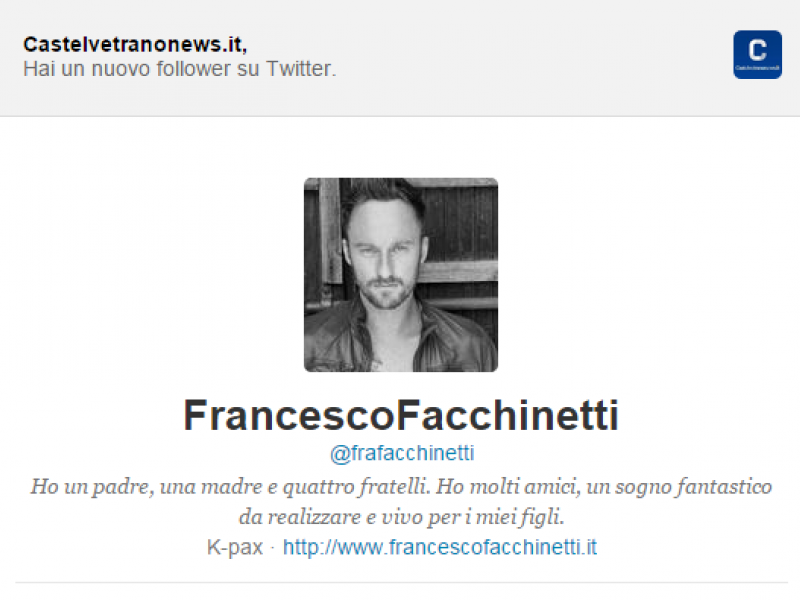 Lo screen in cui si vede che Francesco Facchinetti è tra i follower di Castelvetranonews.it